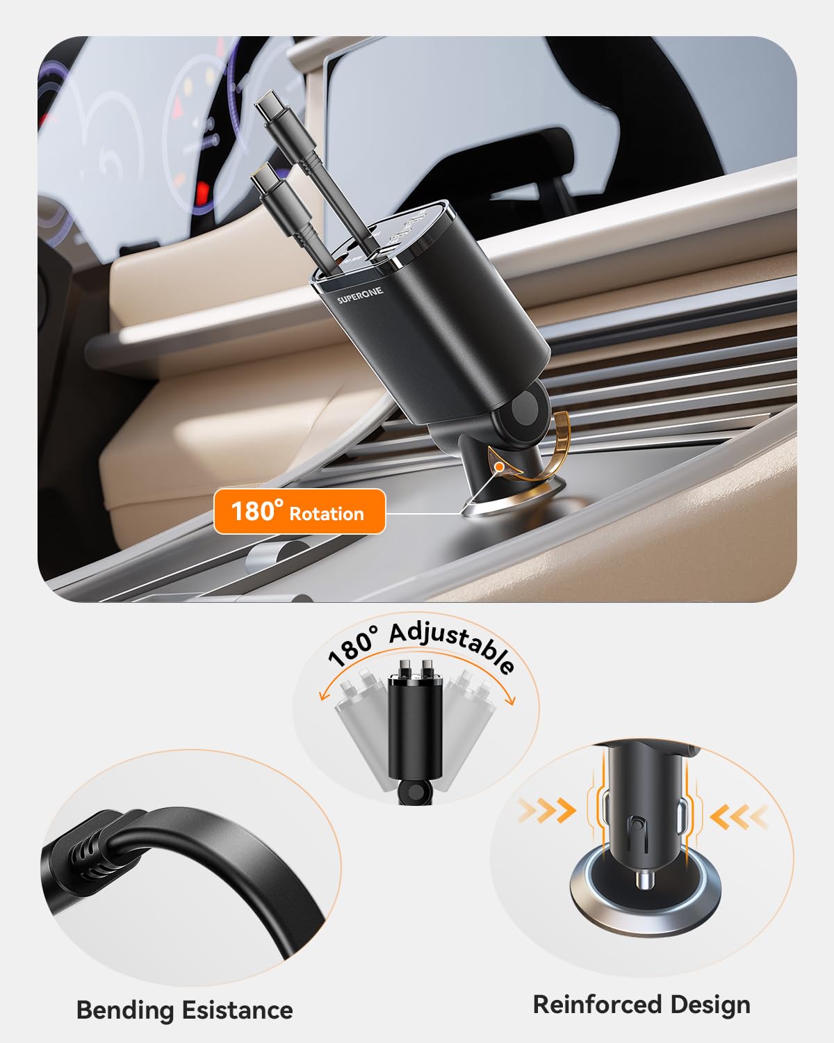 SUPERONE 90W Retractable Car Charger, Dual USB-C Cables Fast Charger Black