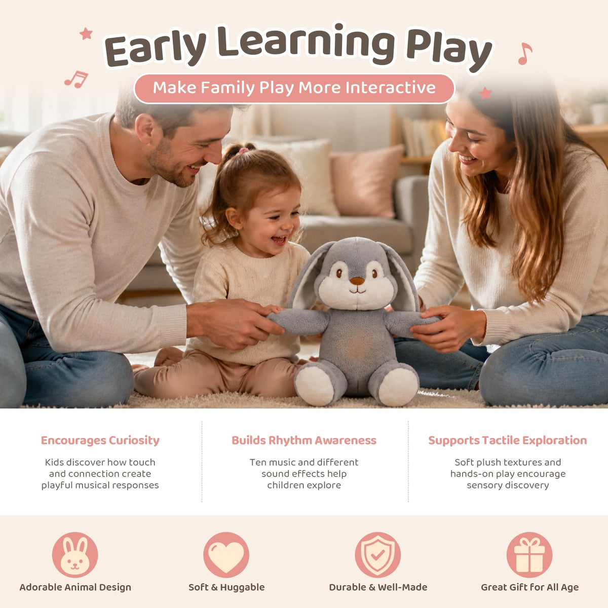 Interactive Music Plush Toy, Musical Sensory Toy with Touch-Activated Bunny