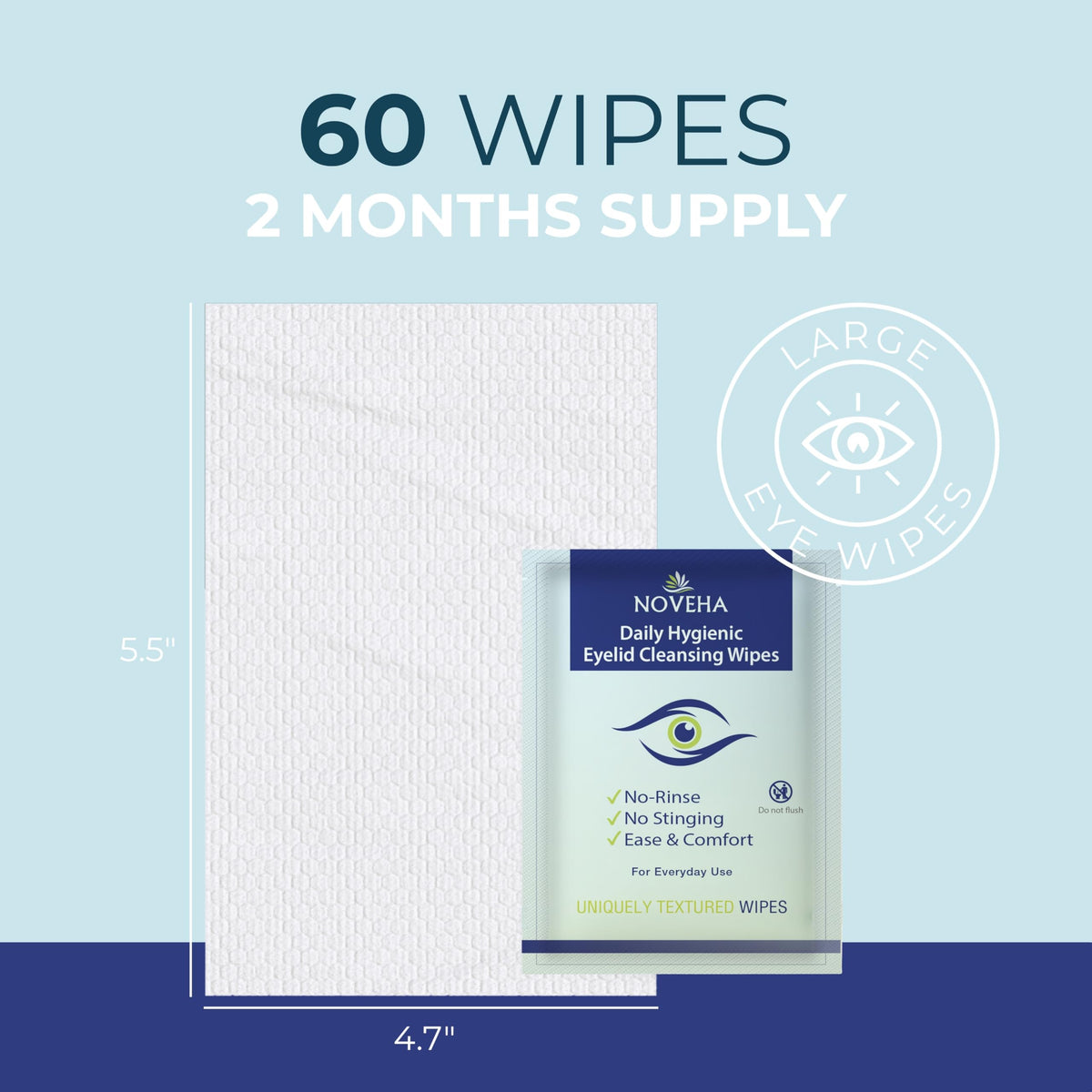 NOVEHA 60PCs Daily Hygienic Eyelid & Lash Wipes | For Blepharitis & Itchy Eyes, Demodex | Individually Wrapped Refreshening Eyelid Wipes, Natural Makeup Remover & Calming Moisturizer