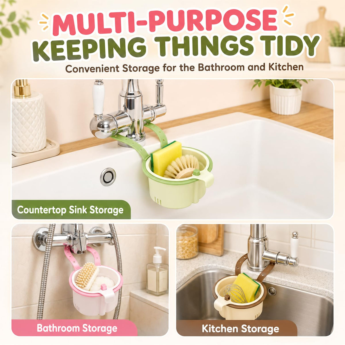Sink Filter Basket, Kitchen Sink Strainer Basket with Self-Cleaning & One-Touch Press, Hanging Sink Drain Basket for Draining, Washing, Storage, 5.7x5.1x3.5 Inches (Green)
