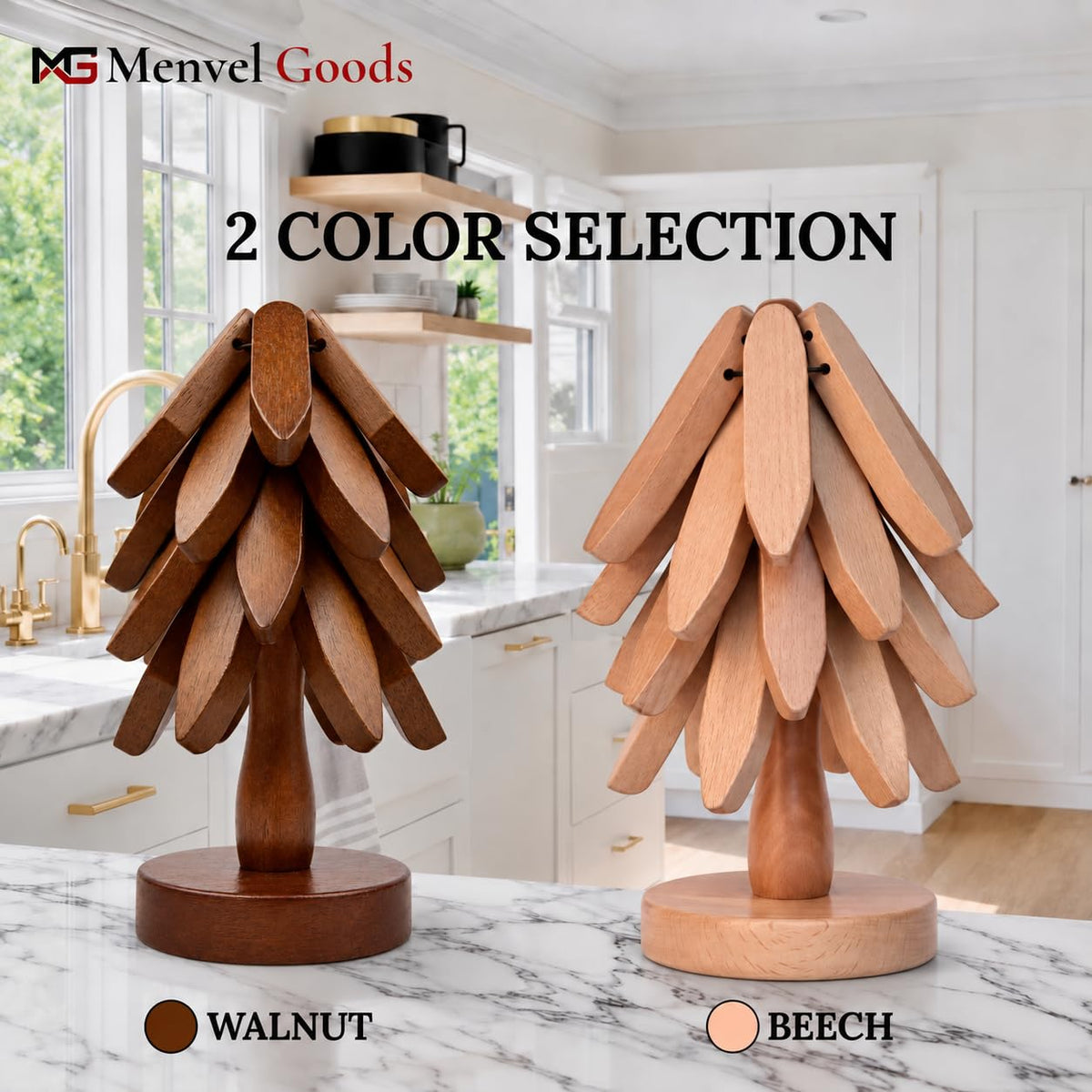 Menvel Goods Foldable Black Walnut Wooden Trivet Set for Hot Dishes - 4 Trivets + 1 Stand for Hot Dishes, Tree Coasters, Pot, Bowl, Teapot - Hot Pot Holders(Black Walnut) - Kitchen Gifts in The Box