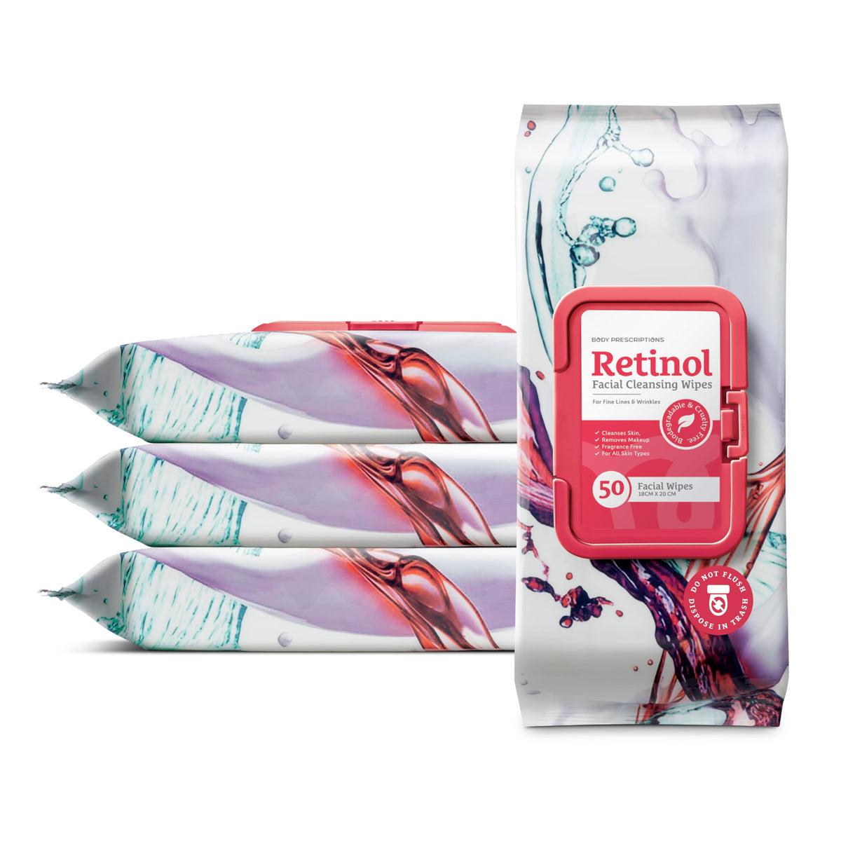 Body Prescription Makeup Cleansing Wipes - Gentle and Effective Face Wipes, 50 Count (Pack of 4), Retinol