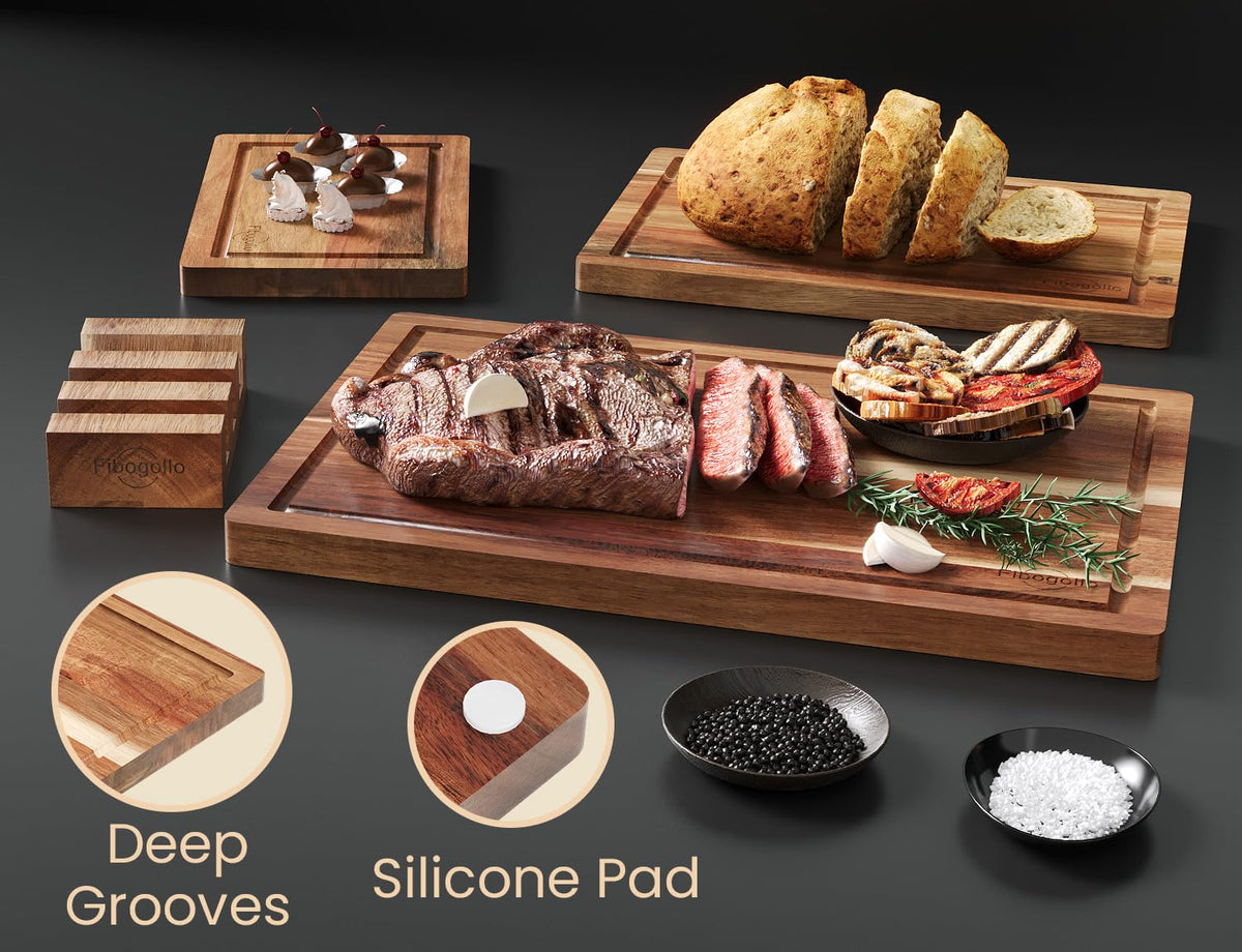 Fibogollo Set of 3 Acacia Wood Kitchen Cutting Boards with Holder