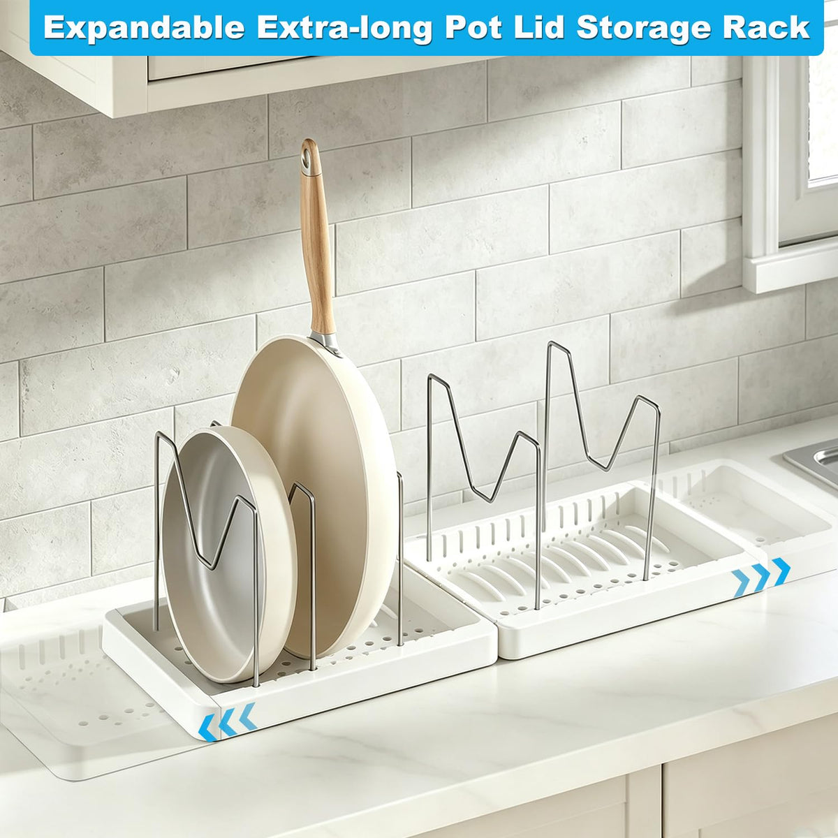 Expandable Pots and Pans Organizer Rack with 12 Stainless Steel Dividers