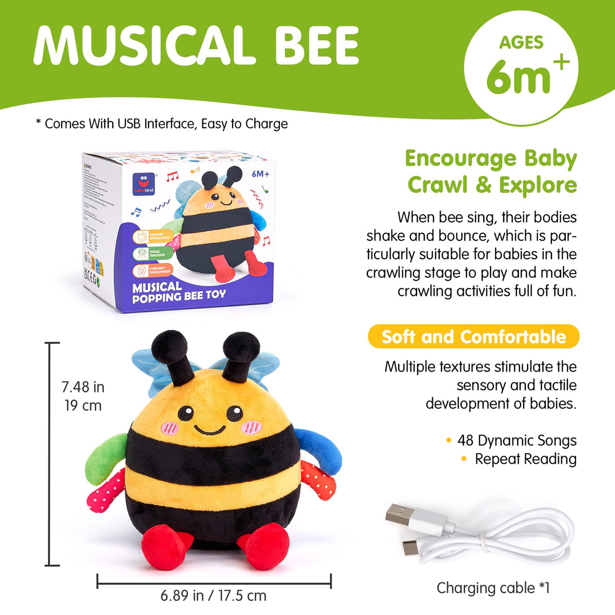 hahaland Musical Tummy Time Bouncing Plush Bee Crawling Toy for 6 Month