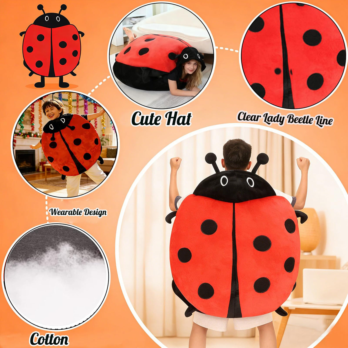 Wearable Lady Beetle Pillow, 40In Giant Wearable Pillow Beetle-Inspired