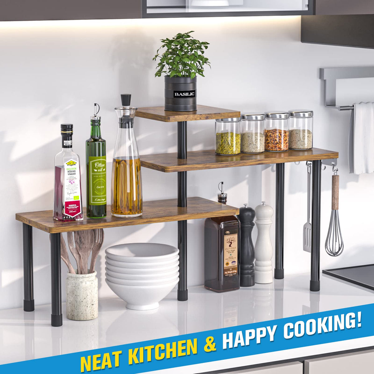 JayRex Kitchen Countertop Organizer 3-Tier Corner Shelf, Rustic Brown