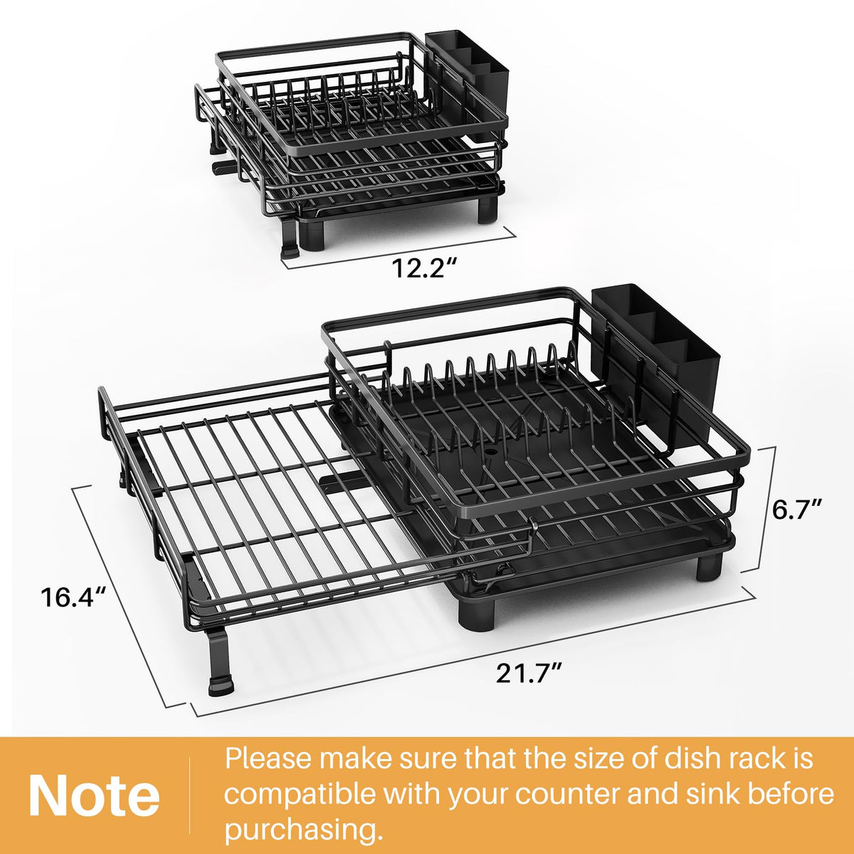 Expandable Dish Drying Rack for Kitchen Counter, Stainless Steel, Black