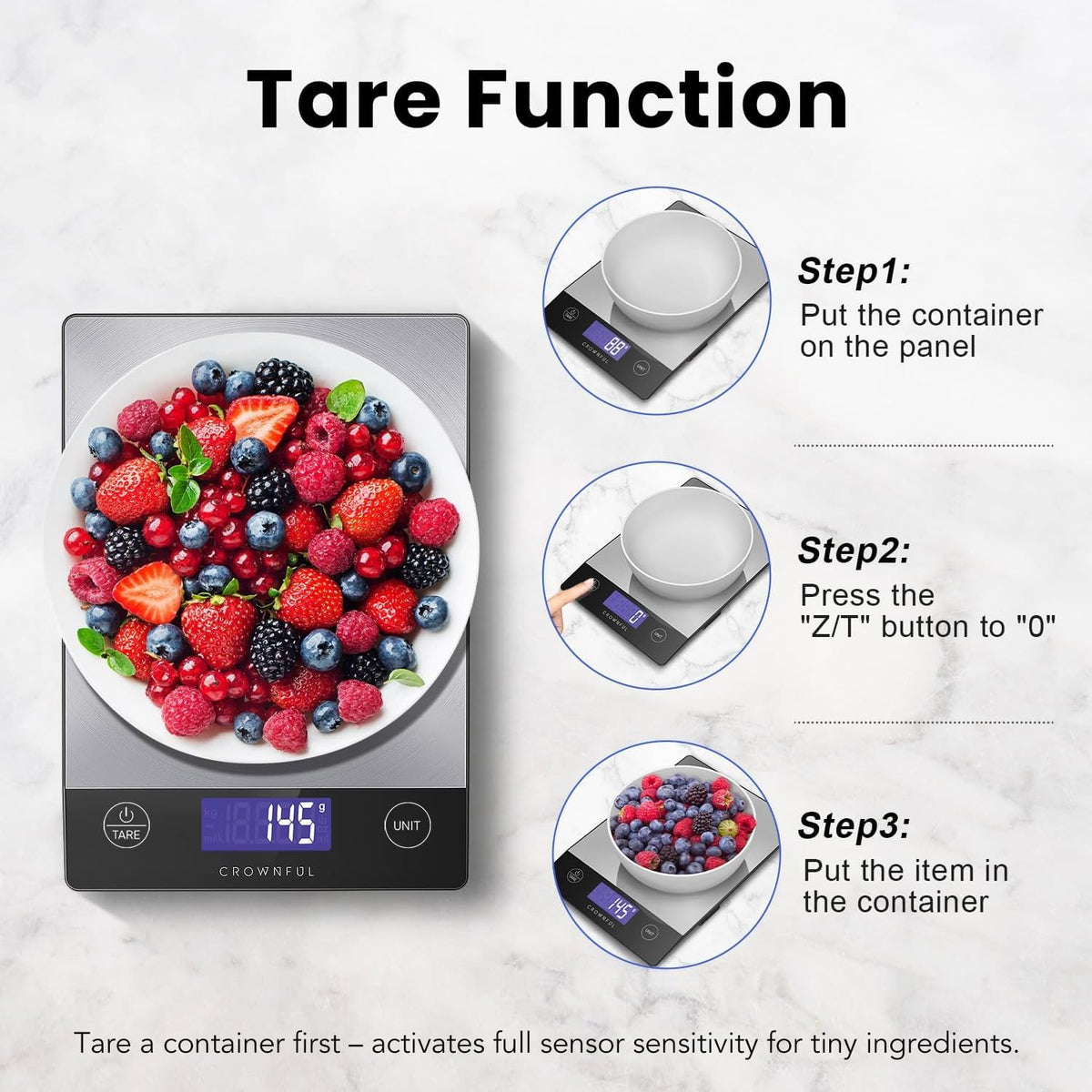 CROWNFUL Food Scale, 33lb Rechargeable 304 Stainless Steel Digital Kitchen Scale Weight Grams and Ounces with LCD Display and Type-C Charging for Meal Prep, Baking and Cooking