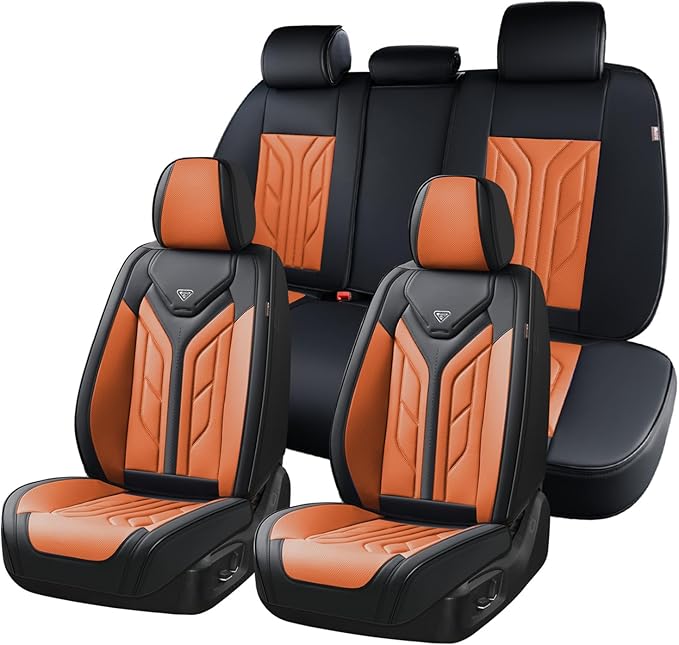 Coverado Car Seat Covers Full Set, Automotive Seat Covers Car Seat Protector Car Seat Cushion, Waterproof Leather Seat Covers for Cars, Universal Fit for Most Sedans SUV Pick-up Truck(Black&Orange)