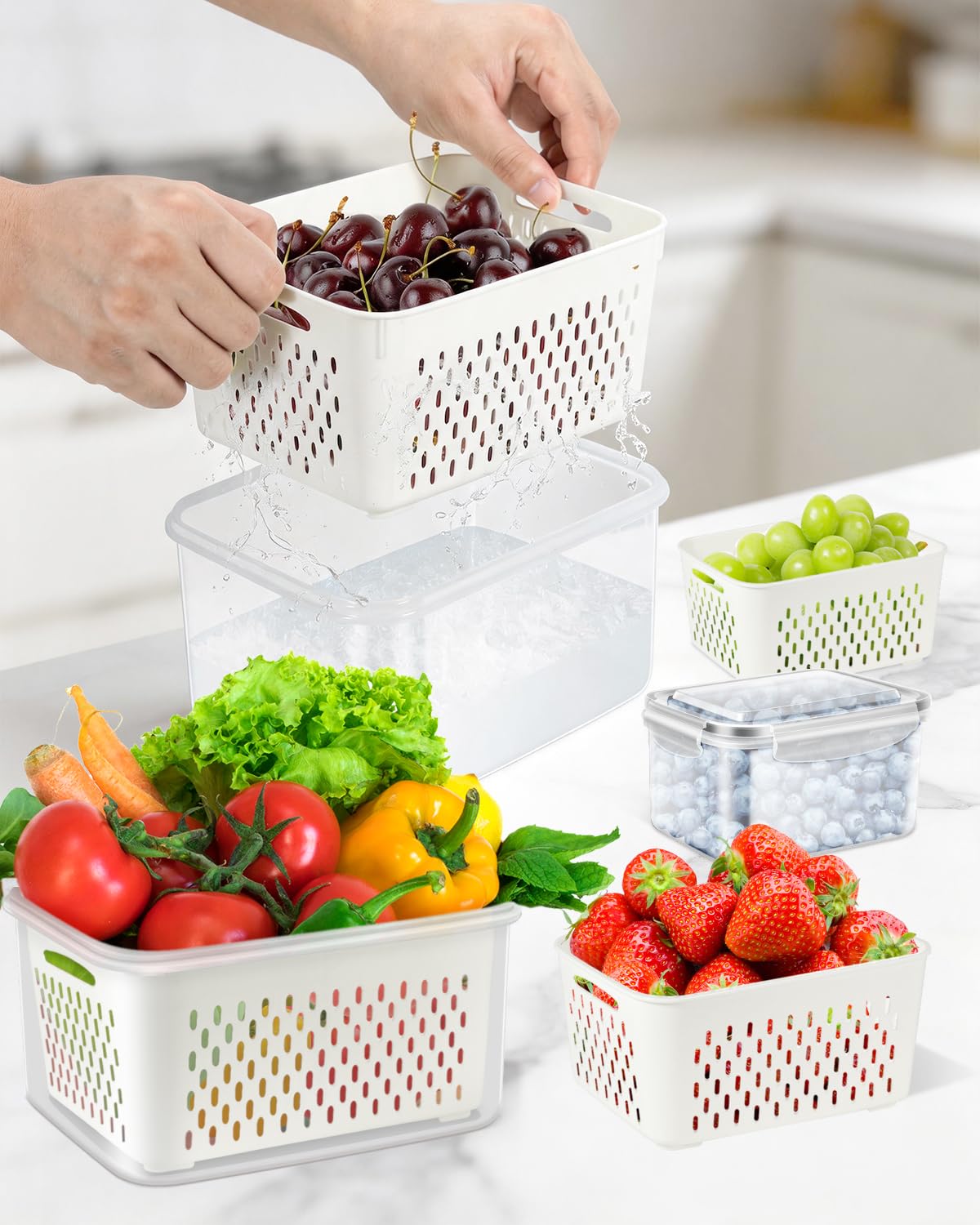 4 Pack Fruit Storage Containers for Fridge Fresh Berry Keeper with Colander