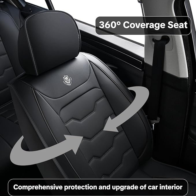 Black Car Seat Cover Full Set Kit, Universal Car Seat Cover for Car, Waterproof Leather, Protect & Upgrade Car Interior, Airbag Compatible, Easy to Install & Clean, For SUV, Pickup Truck, Sedan