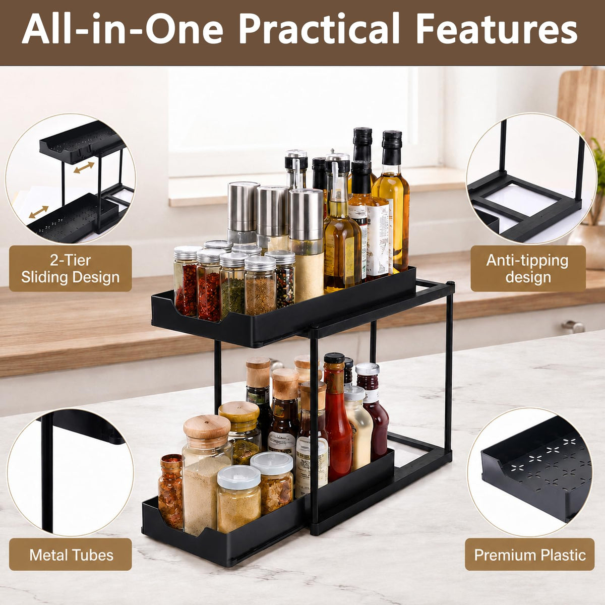 Under Sink Organizer for Bathroom & Kitchen, Large Capacity 2-Layer Sliding