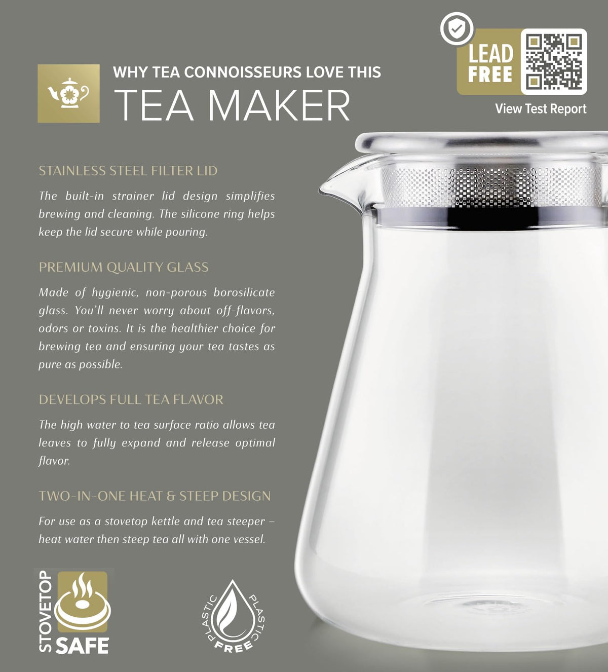 Teabloom One-Touch Tea Maker, 2-in-1 Teapot and Kettle with Stainless Steel Filter Lid for Loose Tea – Stain-Free Borosilicate Glass Teapot (27 Oz) – Tea Connoisseur's Choice