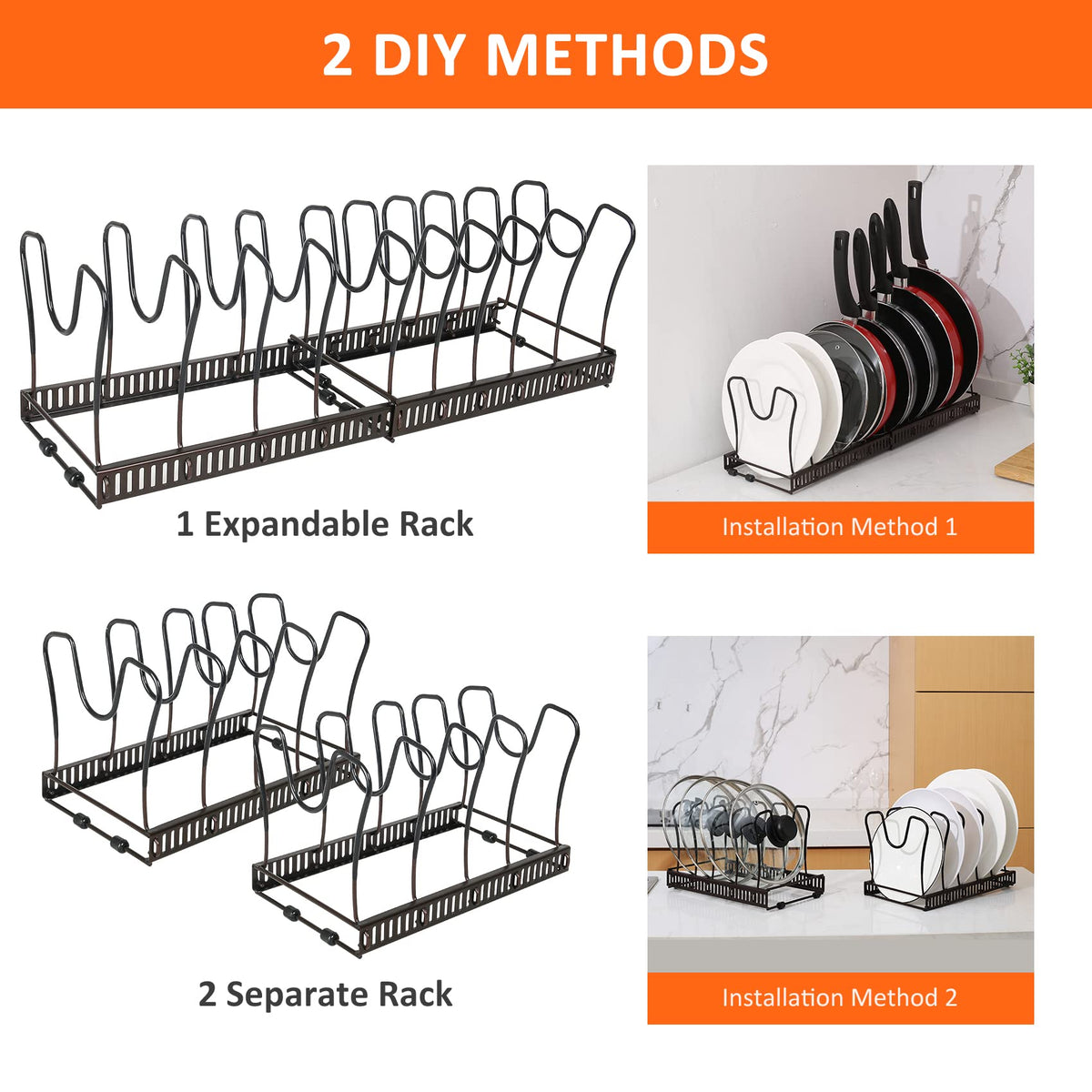 ROOHUA Pot and Pan Lid Organizer Rack for Under Cabinet, 12"-23" Expandable