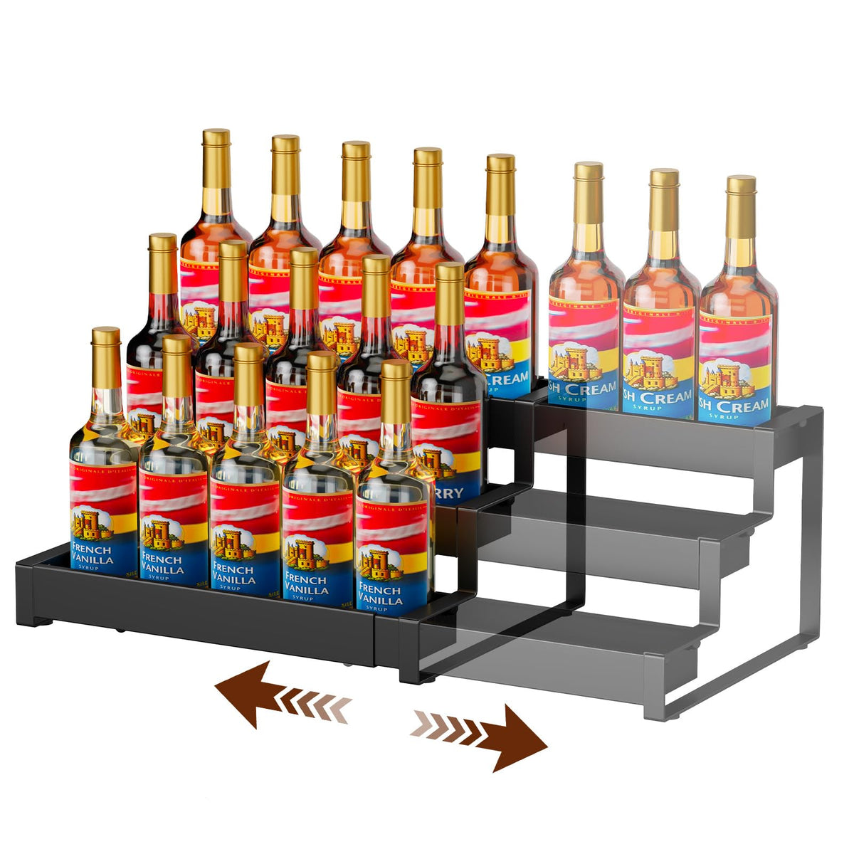 Expandable Coffee Syrup Organizer, 3-Tier Syrup Rack, 15-24 Bottles