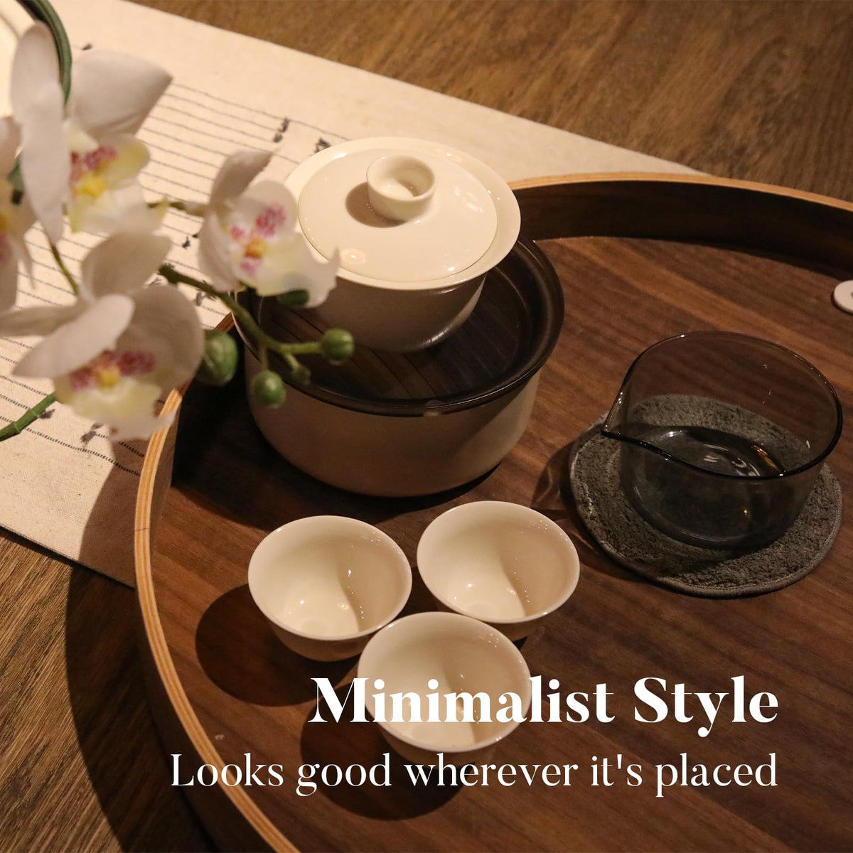 Portable Gaiwan Gongfu Tea Set with Tray, Chinese Tea Set for 1-3, Travel Tea Set with Cups & Fairness Pitcher, Ceramic Kung Fu Tea Set for Loose Leaf & Tea Bag (Wood Ash Glaze)