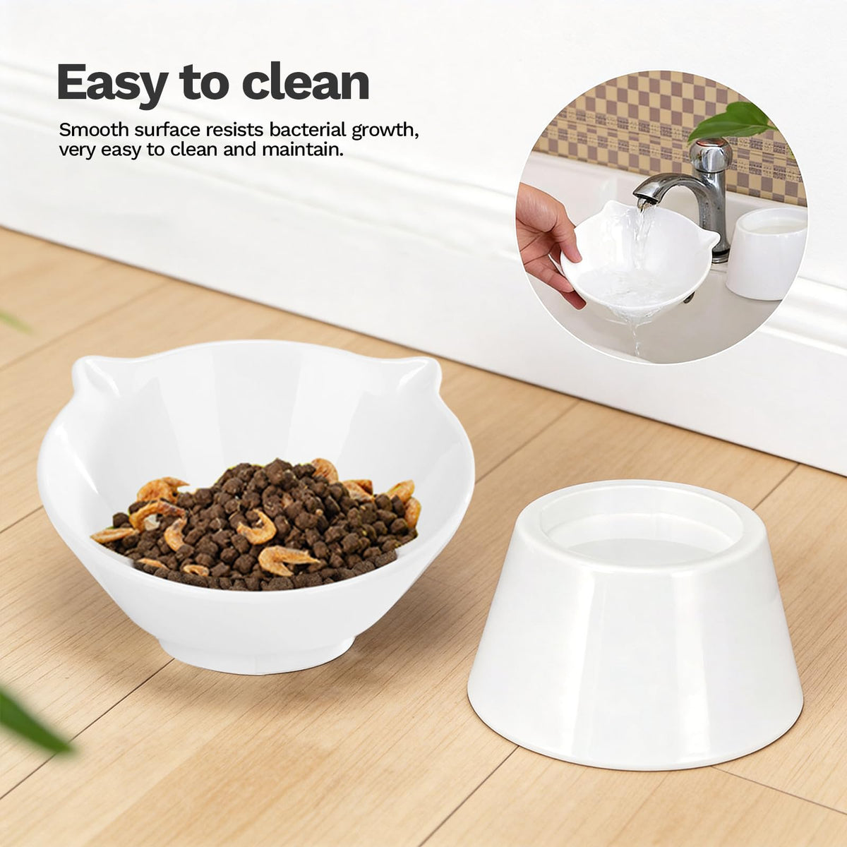 Raised Cat Bowls, 6.3" Extra Wide Shallow Elevated Cat Bowl Detachable, 15° Tilted Whisker Friendly Cat Feeding Bowl, 16oz Capacity, Anti-Vomiting, Neck Protection, Food&Water for Cats Puppies, White