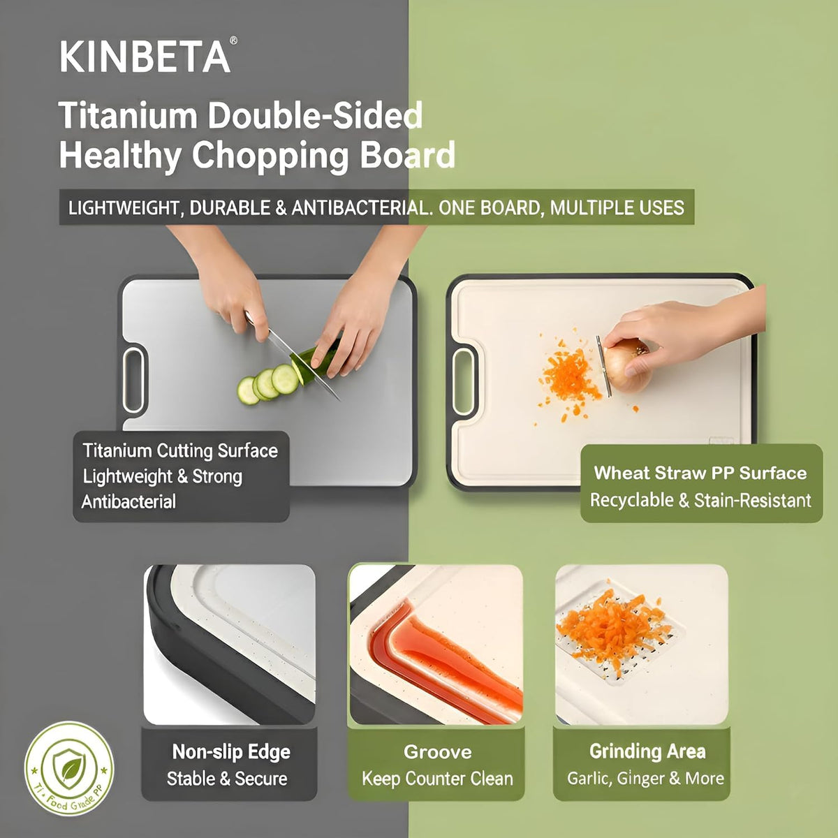 Titanium Cutting Board for Kitchen, Double Sided 2-in-1 Chopping Board with Grinding Area, Food Grade Non Toxic Metal Cutting Board for Meat & Veggies, Easy to Clean, Large Size 16"11"