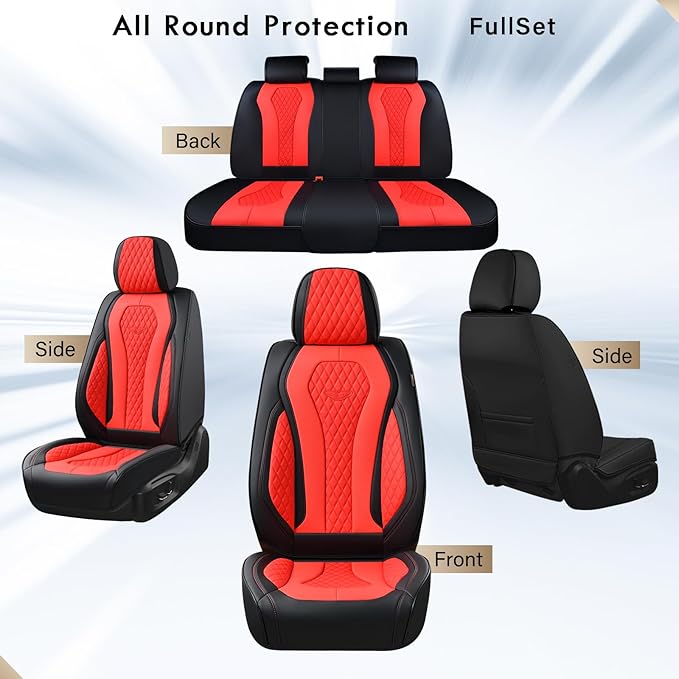 Coverado Car Seat Covers, Seat Covers Full Set, Red Car Seat Cover, Auto Seat Covers Front Seats Rear Seat Cover, Luxury Car Seat Cushion,Leather Seat Cover Seat Protector Universal Fit Most Cars