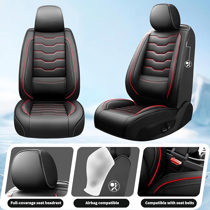 Fit Frontier Car Seat Covers Compatible with Nissan Frontier 2010-2025 2026 -Full Set Premium Leather， Waterproof Breathable， All-Weather Seat Cushion Protecto&Airbag Compatible（Red Line Black
