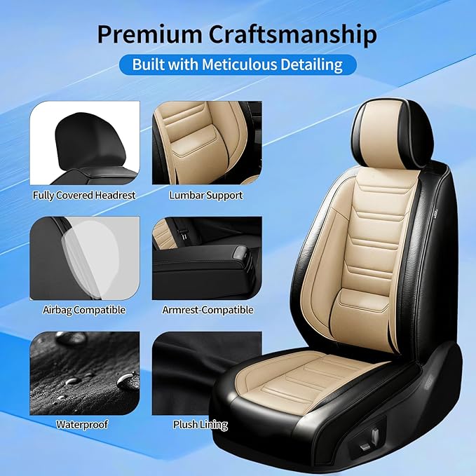 Fit Ridgeline Car Seat Covers for Select Honda Ridgeline 2007-2026 - Premium Full Coverage Leather, Airbag Compatible, Waterproof & All Weather Seat Cushion Protector, Front Pair Black+Beige