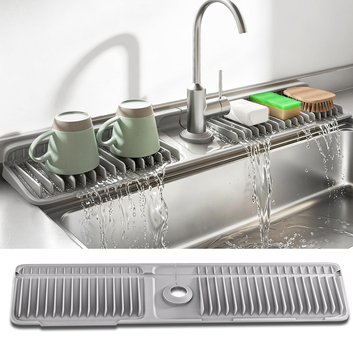 SOCORIA 24 Inch Longer Silicone Faucet Mat, 7°Slope Fast Self-draining