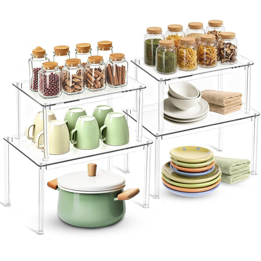 Clear Kitchen Cabinet Organizer, Set of 4 Acrylic Shelves, Spice Rack for Pantry Organizers and Storage, Tiered Spice Organization for Cabinet, Stackable Cabinet Organizer Shelf for Desk Countertop
