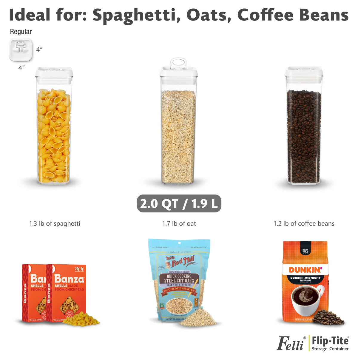 Felli Flip Tite TALL Storage Container with Lid 4" Air Tight Easy Open Ring Top, Clear Acrylic Skinny Canister Jar for Spaghetti Lasagna Fettuccine Noodle, Kitchen Cupboard Pantry Organizer (2.0 qt)