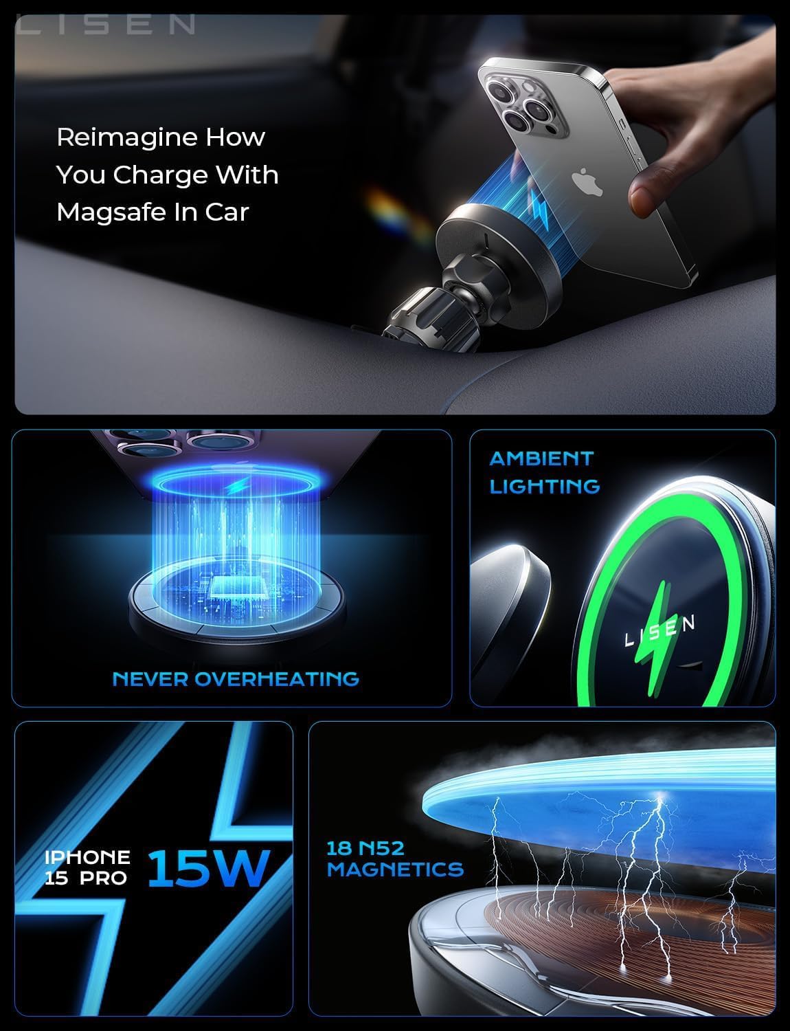 LISEN 15W MagSafe Car Mount Charger, Magnetic Phone Holders for Your Car