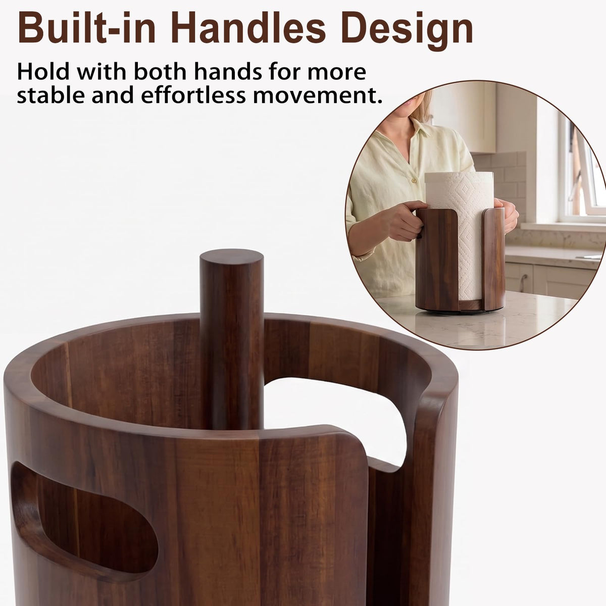 Acacia Wood Paper Towel Holder for Countertop with Splash Guard & Handles