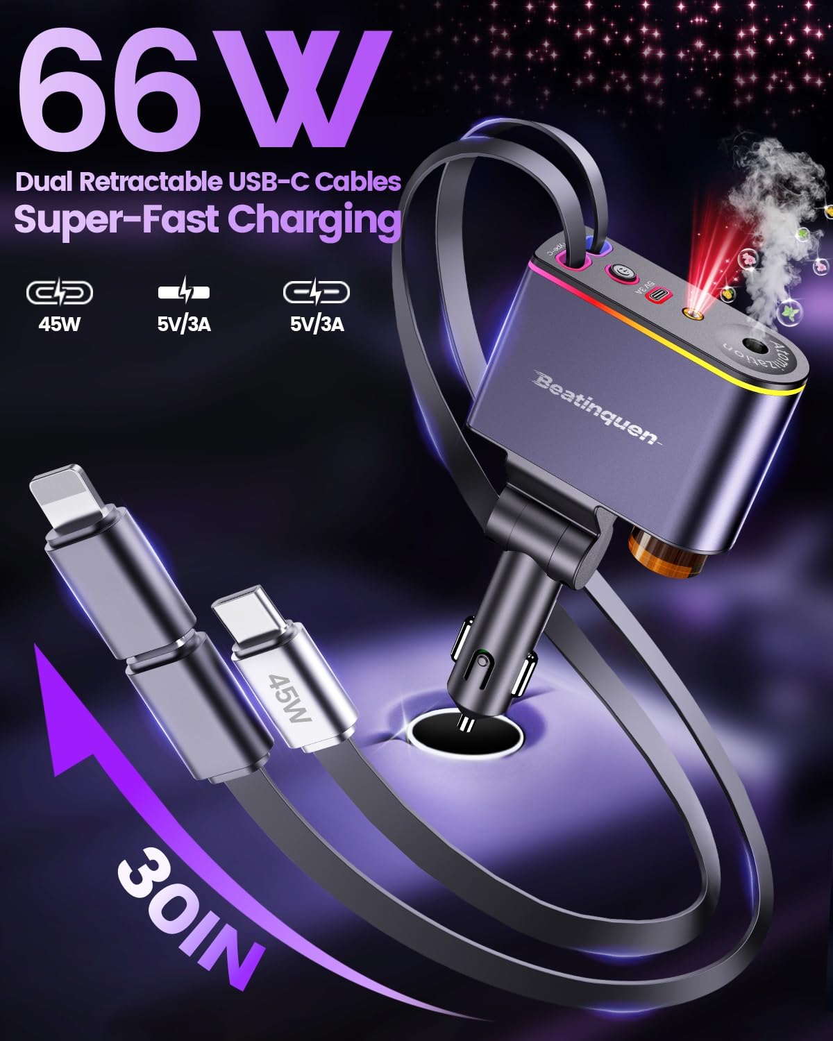 5 in 1 Retractable Car Charger USB C, Car Phone Charger for Dual Cables