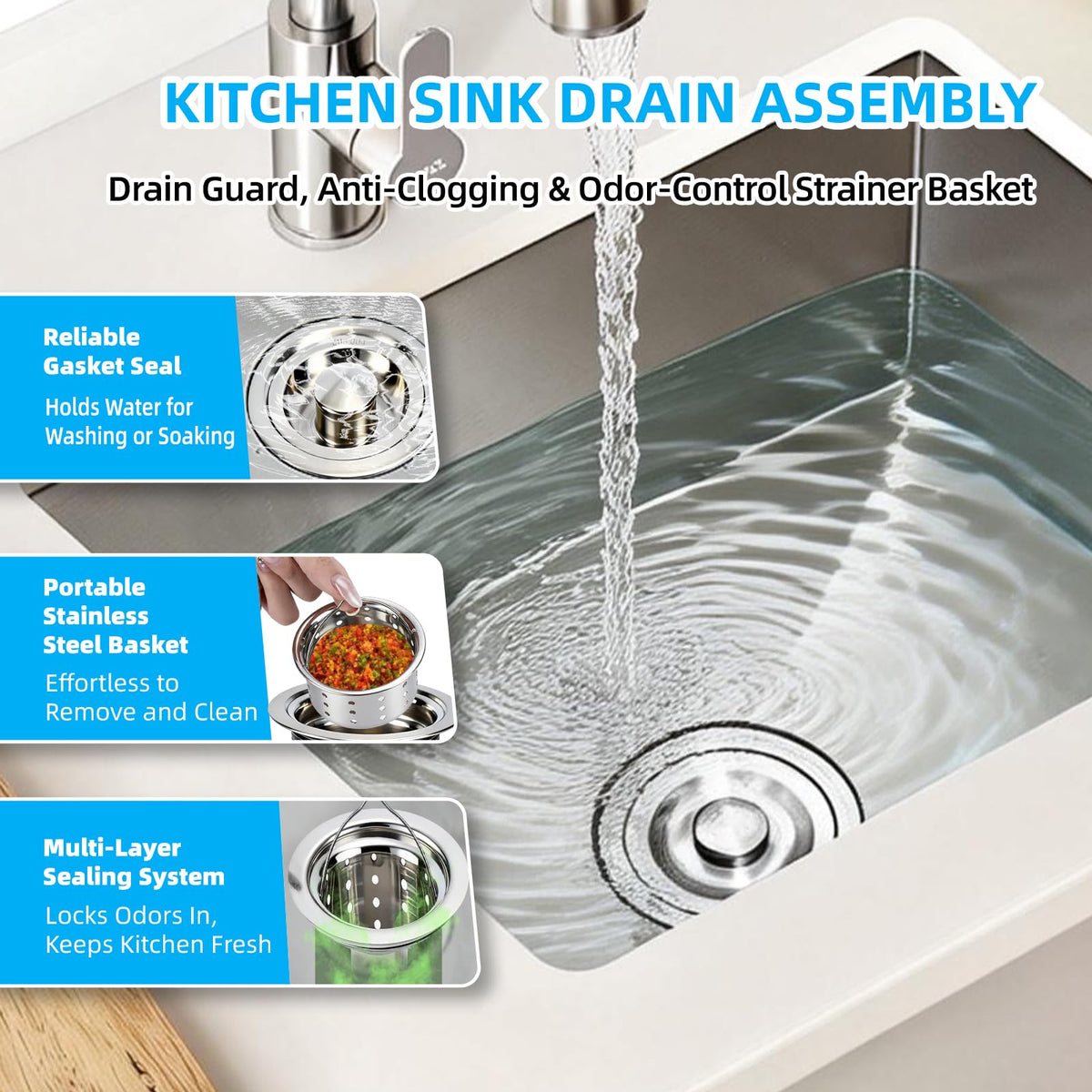 Kitchen Sink Drain Assembly, Stainless Steel Removable Deep Sink Strainer Basket, 3-1/2 Inch Sink Drain Stopper Plug, Sealing Lid