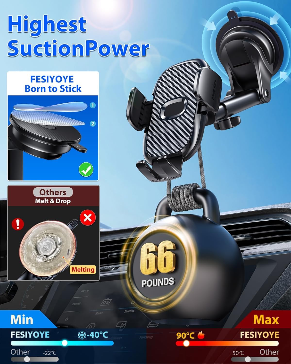 FESIYOYE Car Phone Holder[Military-Grade 360°Suction Cup] Phone Holders for Your Car Universal Accessories Air Vent Dashboard Windshield Phone Mount Automotive Cradles Fit Shower & Wall Mounts iPhone
