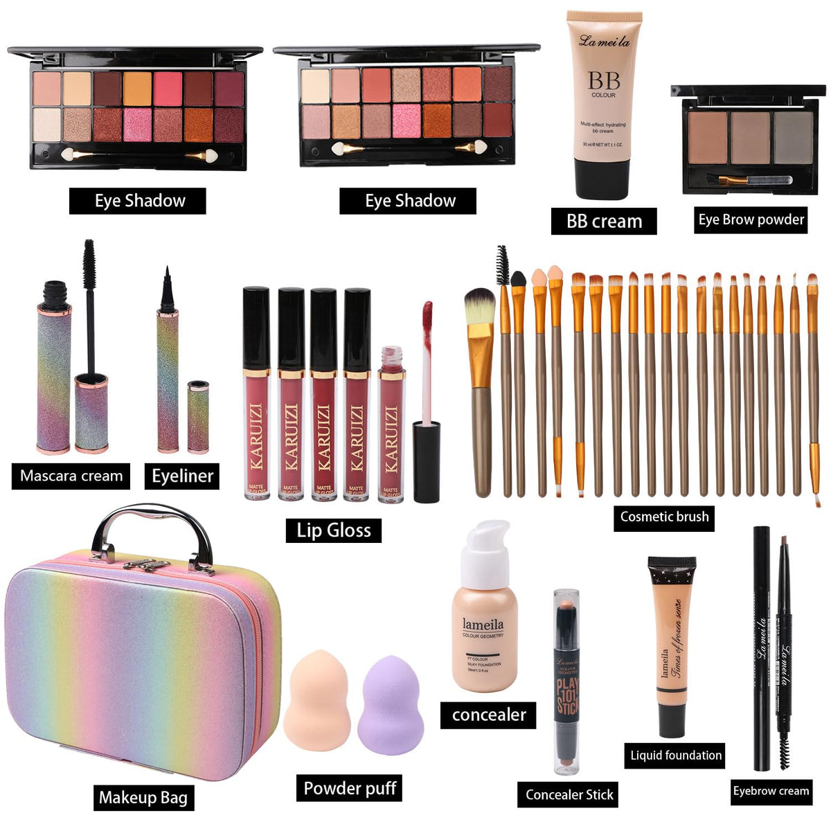 KARUIZI All In One Makeup Set,makeup set for girls,Makeup Gift Set for Women & Girls,Make up Cosmetic Storage,Rainbow Gift Cosmetic Case