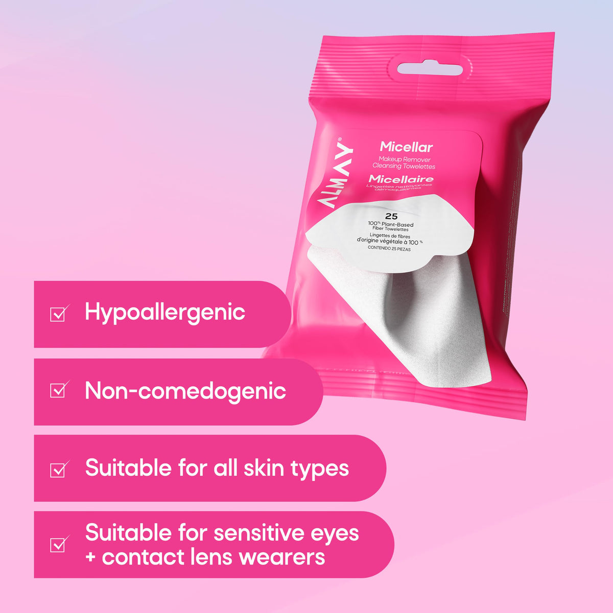 Almay Micellar Makeup Remover Cleansing Towelettes, Hypoallergenic, Fragrance-Free, 25 Count (Pack of 2)