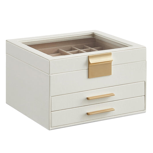SONGMICS Jewelry Box Organizer, 3-Layer Storage with 2 Drawers, Glass Lid