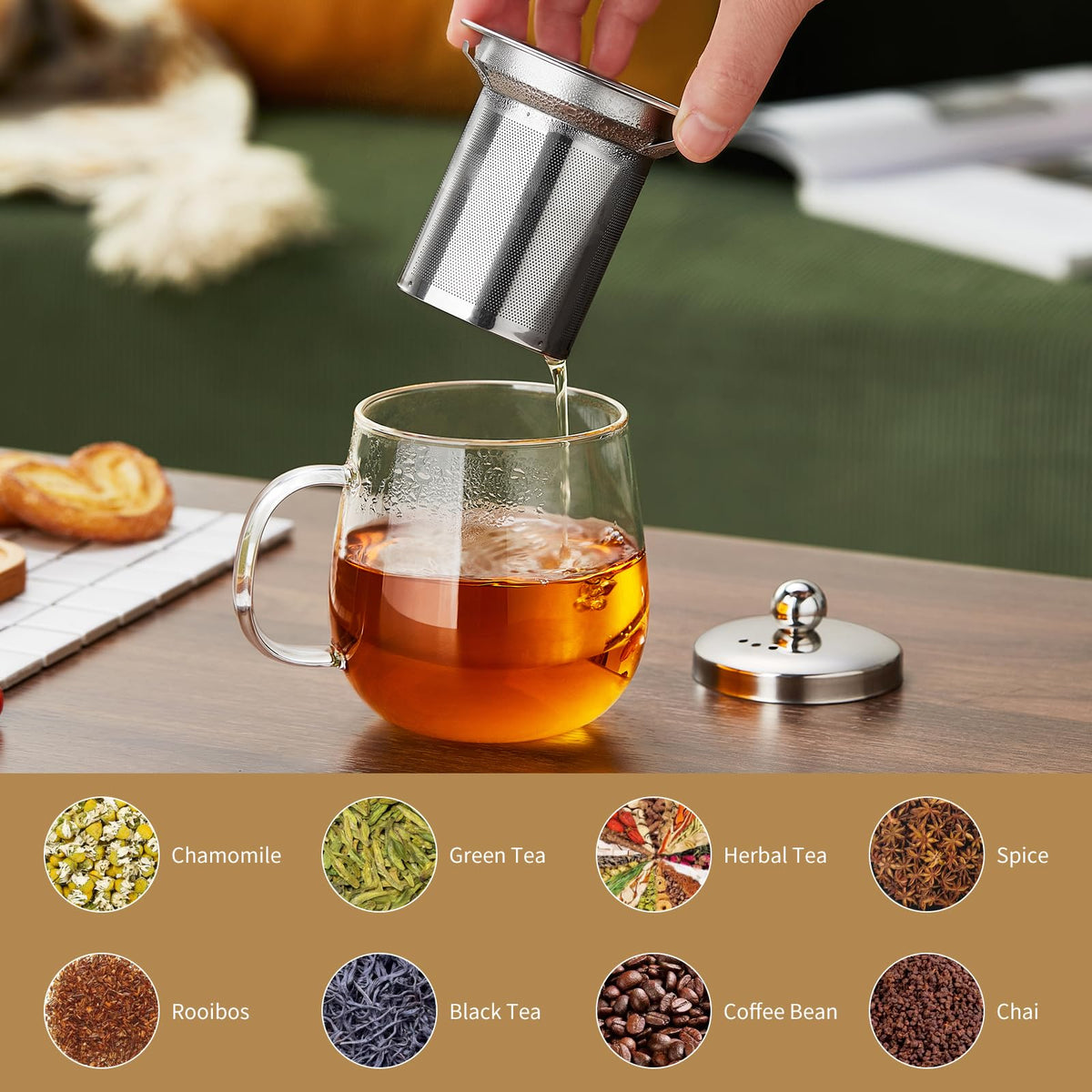 DOPUDO Glass Tea Cup with Infuser and Lid, 14.5oz/450ml Large Borosilicate Glass Teacup with Stailess Steel Filter, Clear Mug for Loose Leaf Blooming Tea, Dishwasher Safe - Tea Maker Gift.