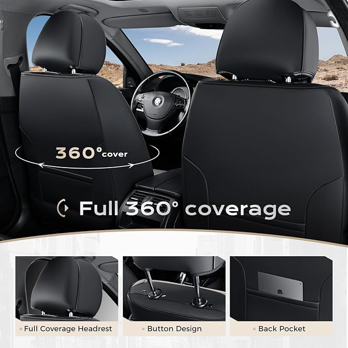 Coverado Car Seat Covers Full Set, Seat Covers for Cars, Car Seat Cover, Car Seat Protector, Leather Car Seat Cushion, Waterproof Car Seat Covers Front Seats and Back Fit for Most Cars(Purple&Black)
