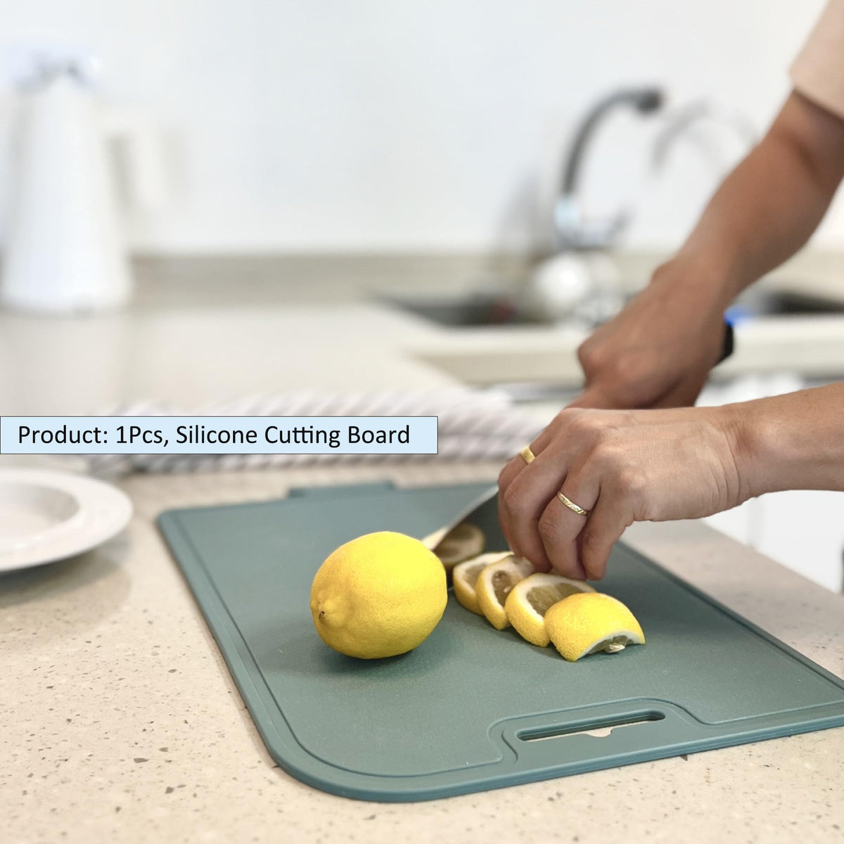 cozymomdeco Korean Made Thick Silicone Double-Sided Usable Cutting Board 14.3" x 9.7" Foldable Design Drip Groove Grip Handle Dishwasher Safe 1PCS Gift for Mom (Mint) Stocking Stuffer