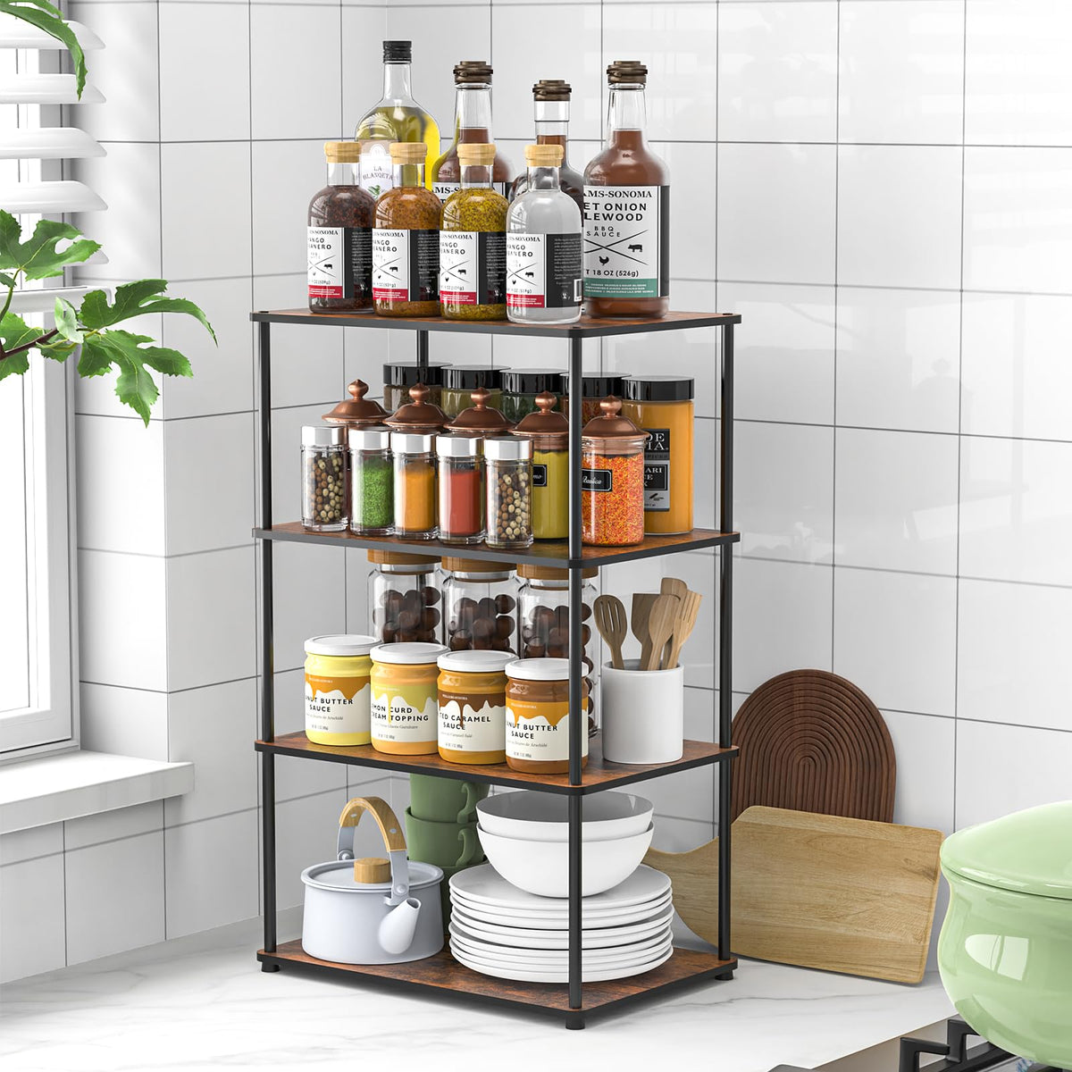 OneAhead Design Countertop Spice Rack, Stackable Wood & Metal Pantry Cabinet Shelf Organizer Storage, 4-Tier or Split into 2×2-Tier, Multi-Use for Kitchen Bathroom Desktop Home Office, Rustic Brown
