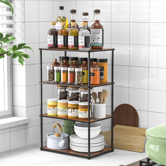 OneAhead Design Countertop Spice Rack, Stackable Wood & Metal Pantry Cabinet Shelf Organizer Storage, 4-Tier or Split into 2×2-Tier, Multi-Use for Kitchen Bathroom Desktop Home Office, Rustic Brown