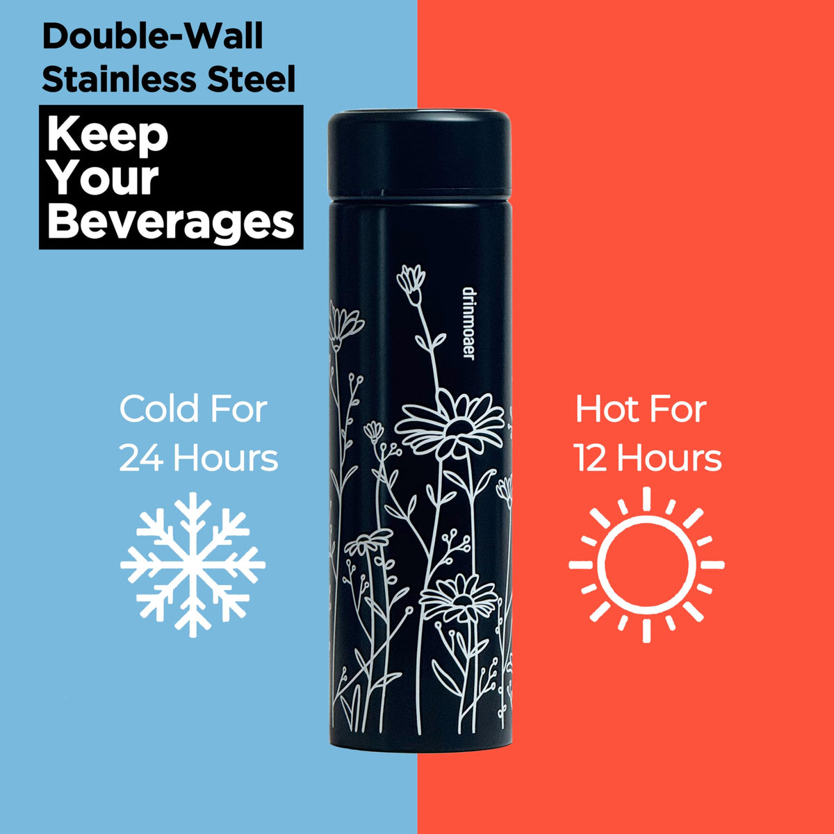 drinmoaer Tea Thermos with Infuser for Hot and Cold Infusions - Stainless Steel - Tea Infuser Bottle - Leakproof Travel Mug with Filter - 15oz - Black