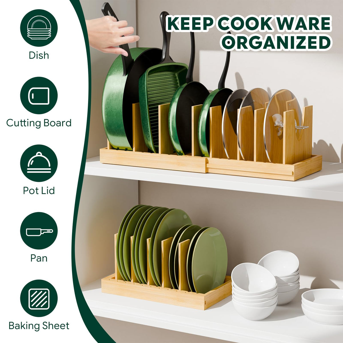 Simple Trending Bamboo Pot and Pan Organizer, Expandable Lid Holder Rack