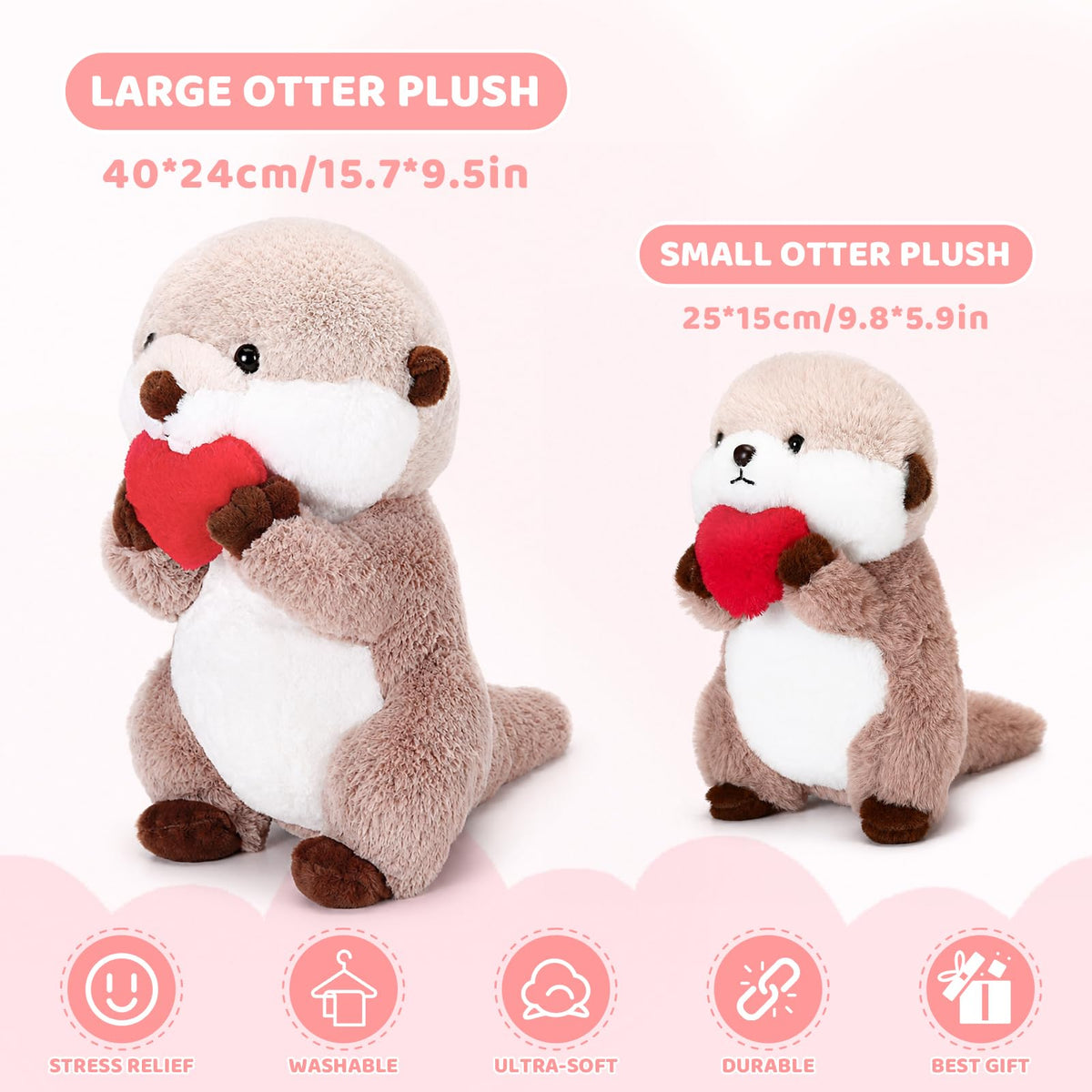 Cute Otter Stuffed Animal with Red Heart, Soft Plushie Gift for Kids 9.8"