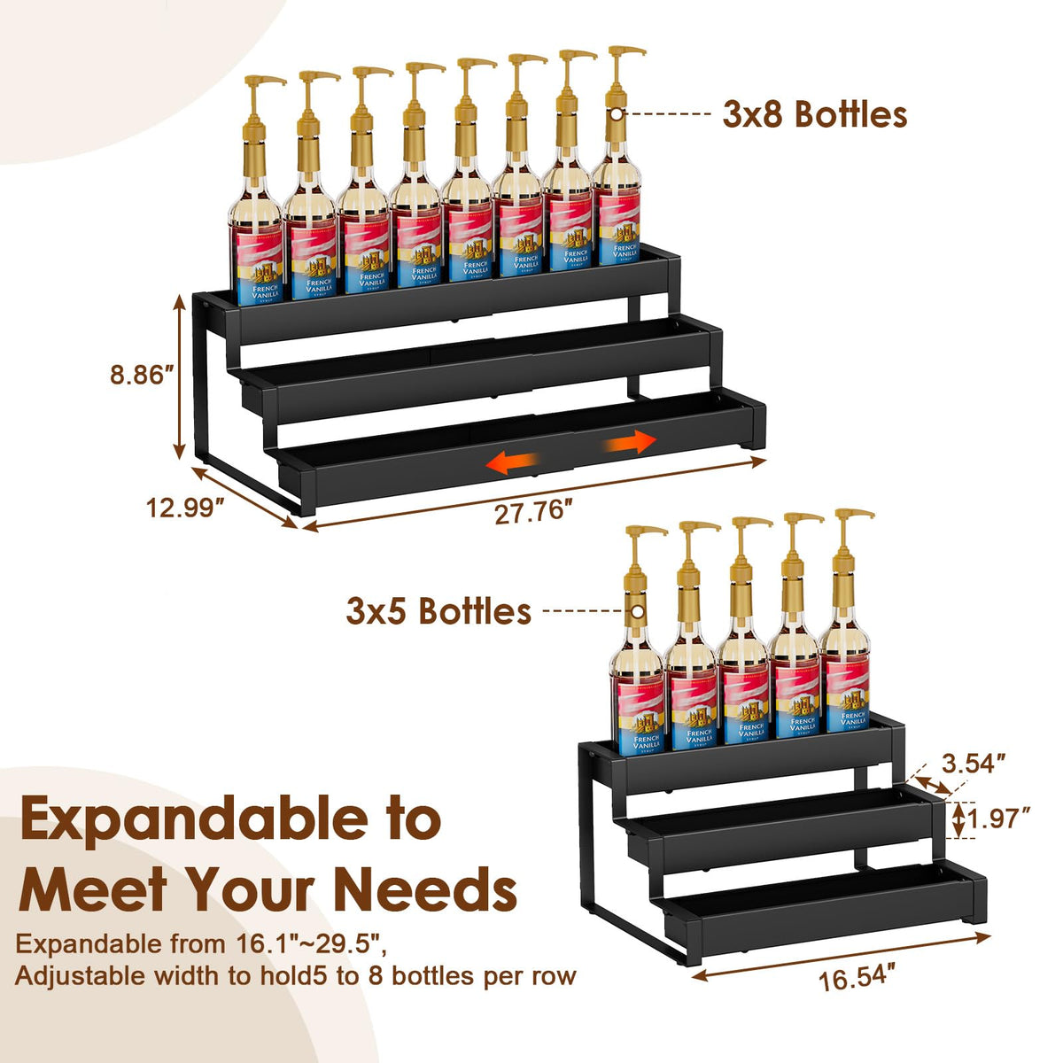 Expandable Coffee Syrup Organizer, 3-Tier Syrup Rack, 15-24 Bottles