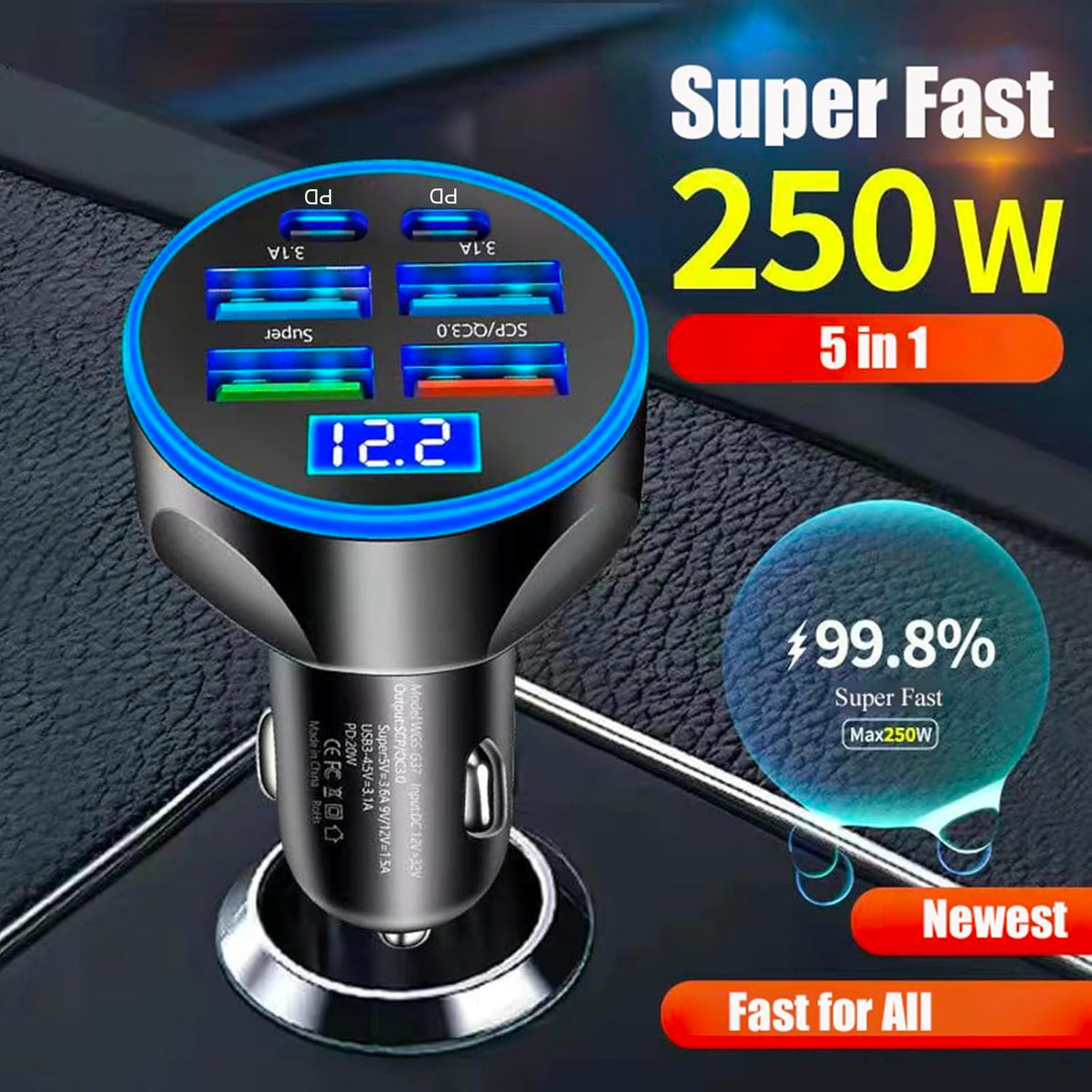 USB Cigarette Lighter Adapter with Voltage Display, Full PD 30W Multi Port USB Car Charger with Volt Meter, PD4.0/QC4.0/PPS/AFC Super Fast 12V Outlet for MacBook iPhone Galaxy Android Phones
