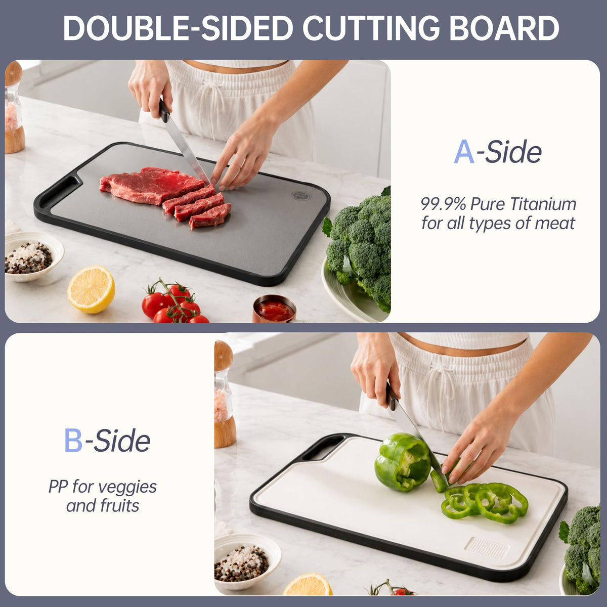 Fyctio Titanium Cutting Board for Kitchen, Double Sided, with Juice Groove