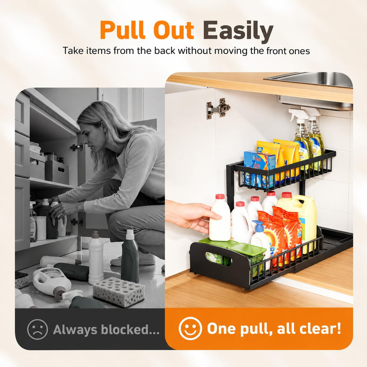Under Kitchen Sink Organizer, Metal Pull Out Bathroom Organizers and Storage, 2-Tier Cabinet Organizer Shelf with Sliding Drawer, Home Organization for Kitchen, Laundry, Pantry, Black, 2 Pack