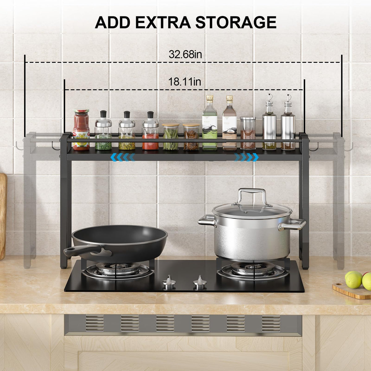 ThreeHio Expandable Spice Rack Shelf for Kitchen Stove, Over the Stove Shelf with 2 Hooks, Adjustable Height Metal Stove Top Shelf Organizer, Kitchen Countertop Seasoning Storage Organization, Black